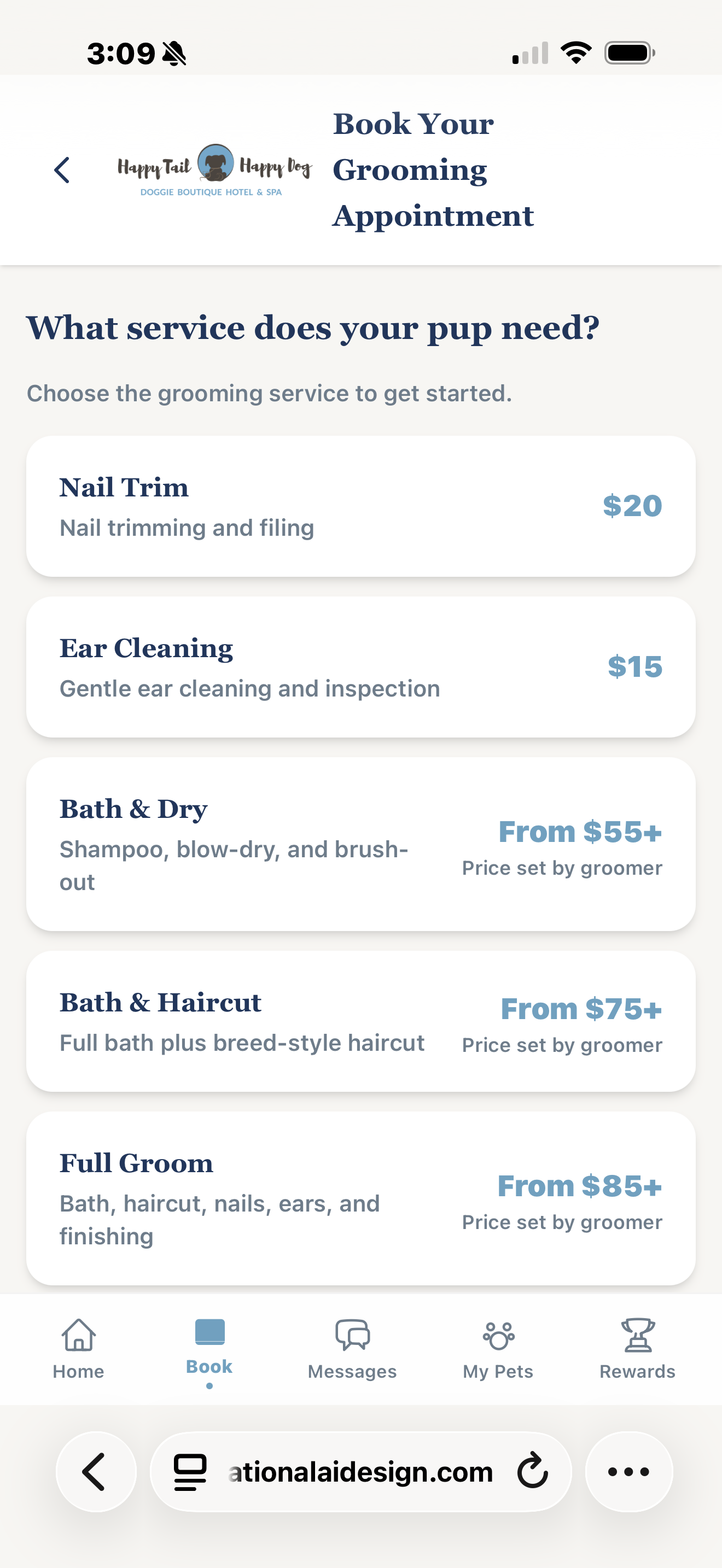 Grooming booking screen showing nail trim, ear cleaning, bath and haircut services